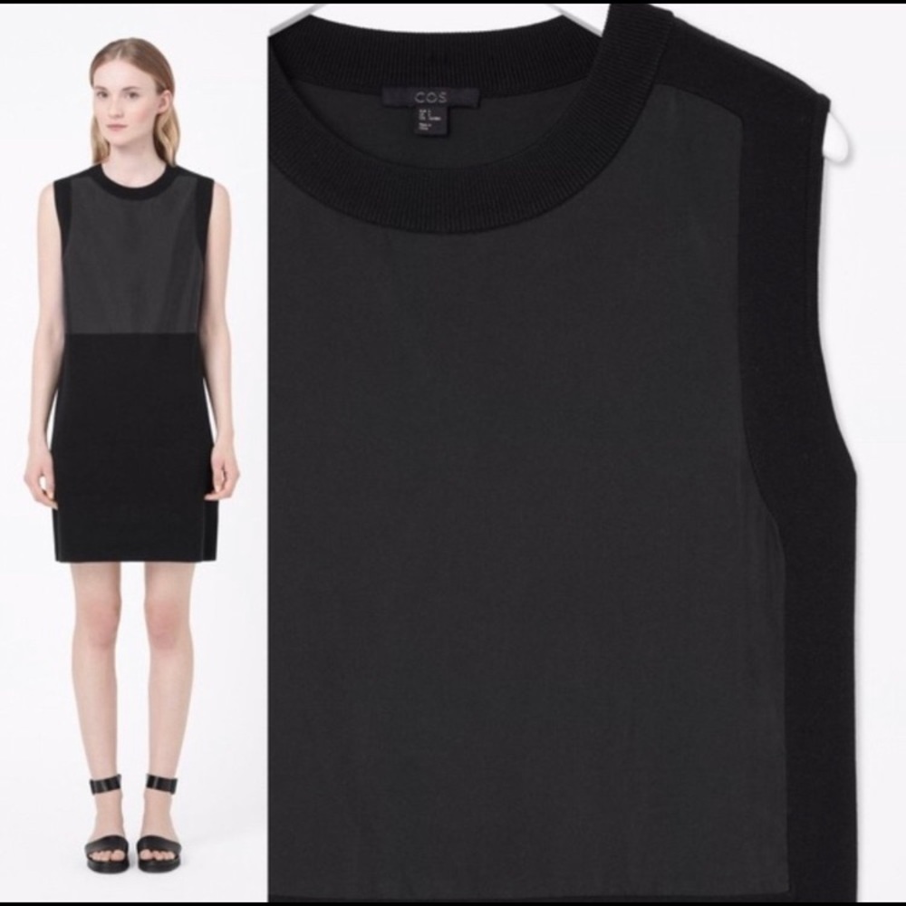 COS black solid two tone contrast panel sleeveless short shift dress 2015 medium